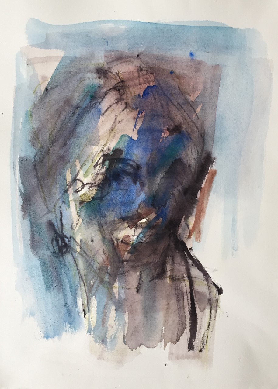 Blå kvinde - akvarel af Mette Tønder